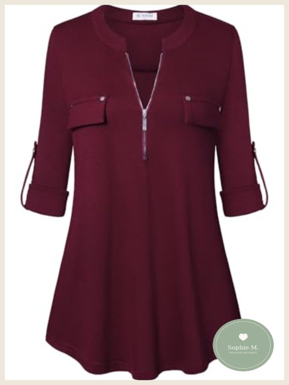 Women's Striped 3/4 Sleeve Tunic Blouse V-Neck Zip Relaxed Fit Cotton Blend